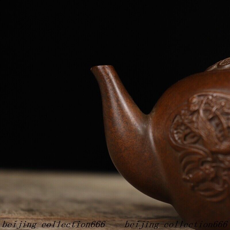 5.6" Chinese Ancient Bronze Dragon Phoenix Kirin Bat Tea Makers Tea Pot Statue