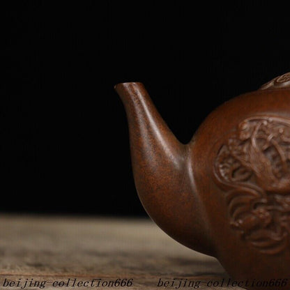 5.6" Chinese Ancient Bronze Dragon Phoenix Kirin Bat Tea Makers Tea Pot Statue
