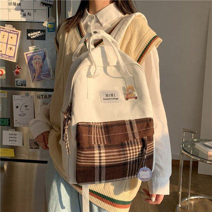 Canvas Backpacks School Small Plaid School Bookbag 26*12*37 CM Zipper Green Pink