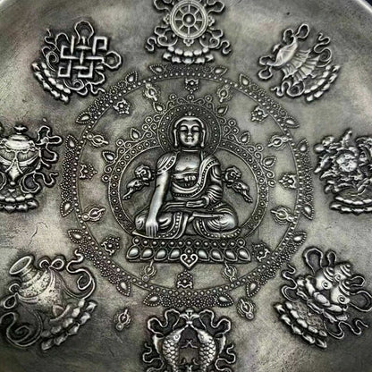 Old Chinese Exquisite Cupronickel Handcarved Buddha Eight Treasures Plate Mark