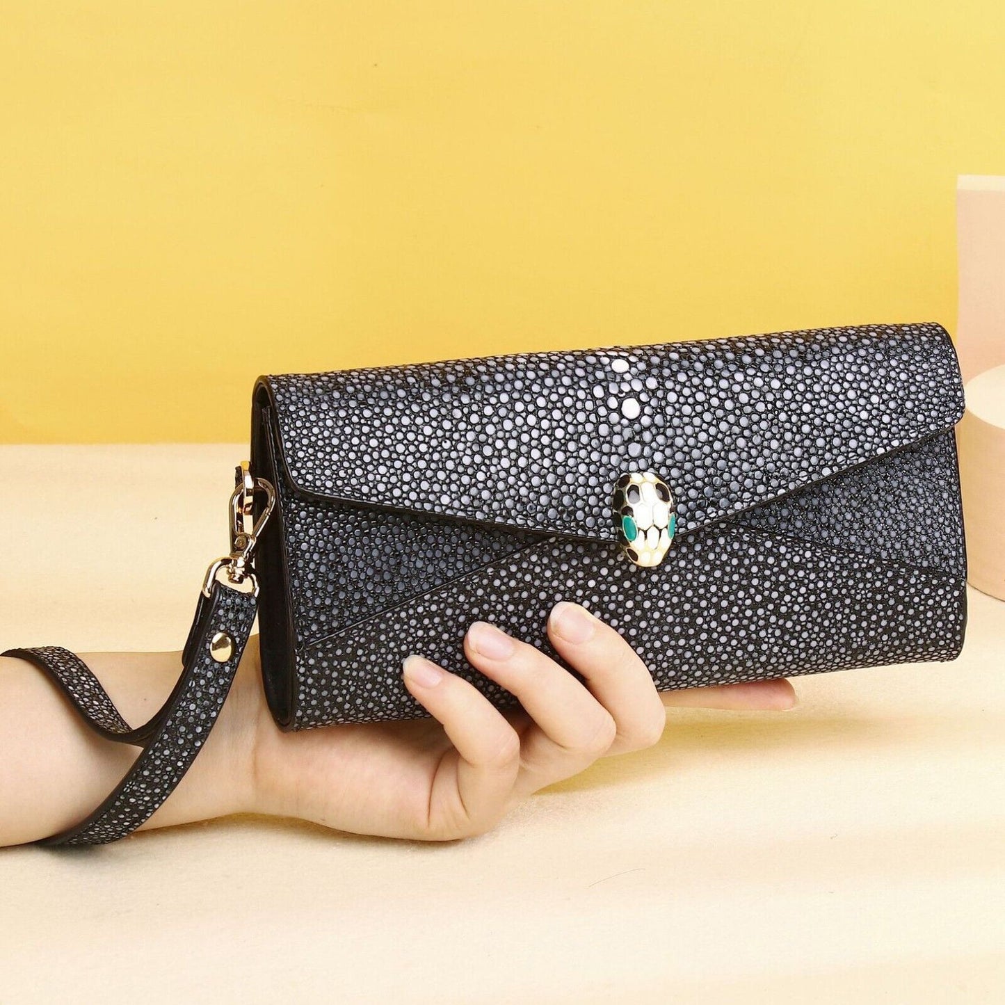 Real Leather Women's Clutch Bag, Desinger Pearl Fish Skin Pattern Long Wallets