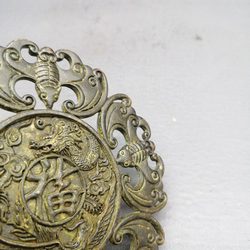 Old Chinese bronze copper handcarved fu word bat Pendant Waist card