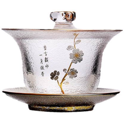 Creative Gaiwan Glass Tureen Sancai Bowl Cup Saucer Lid Teaware Floral Print New