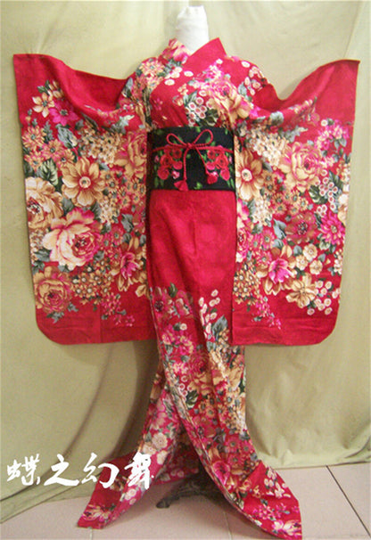 New Japanese Traditional Furisode Women Red Floral Kimono Cosplay Dress Costume
