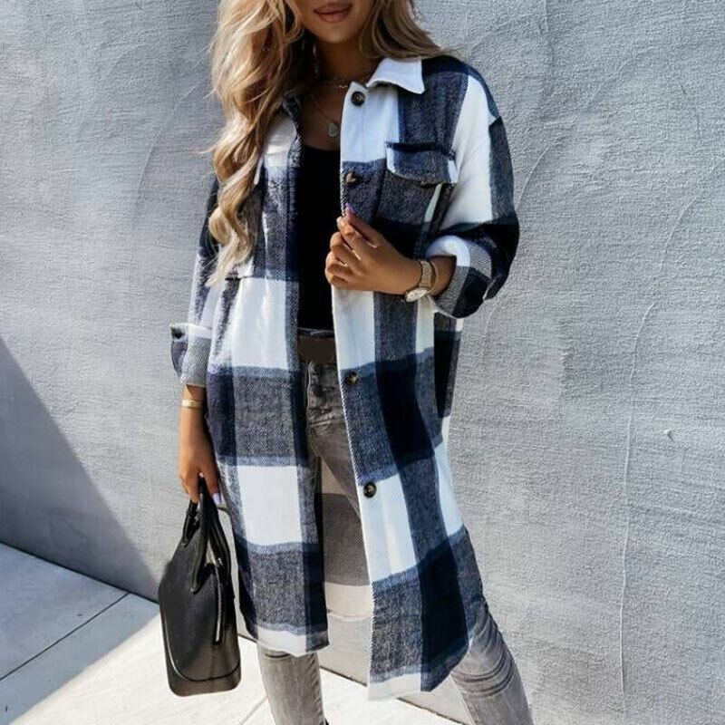 Women's Check Plaid Jacket Shacket Top Oversize Button Baggy Long Shirt Coat