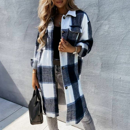 Women's Check Plaid Jacket Shacket Top Oversize Button Baggy Long Shirt Coat