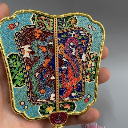Enamel Painted Qianlong Dragon Phoenix Fan Antique Banana Fan Home Collection