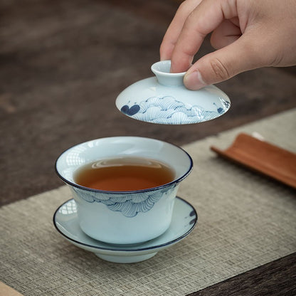 Hand Drawn Hibiscus Lid Bowl Blue and White Tea Cup Ceramic Tea Set