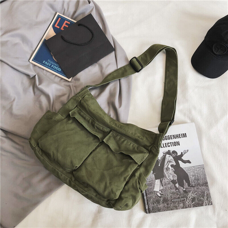 Large Capacity Shoulder Bag Canvas Bag School Messenger Bag Solid Color Fashion