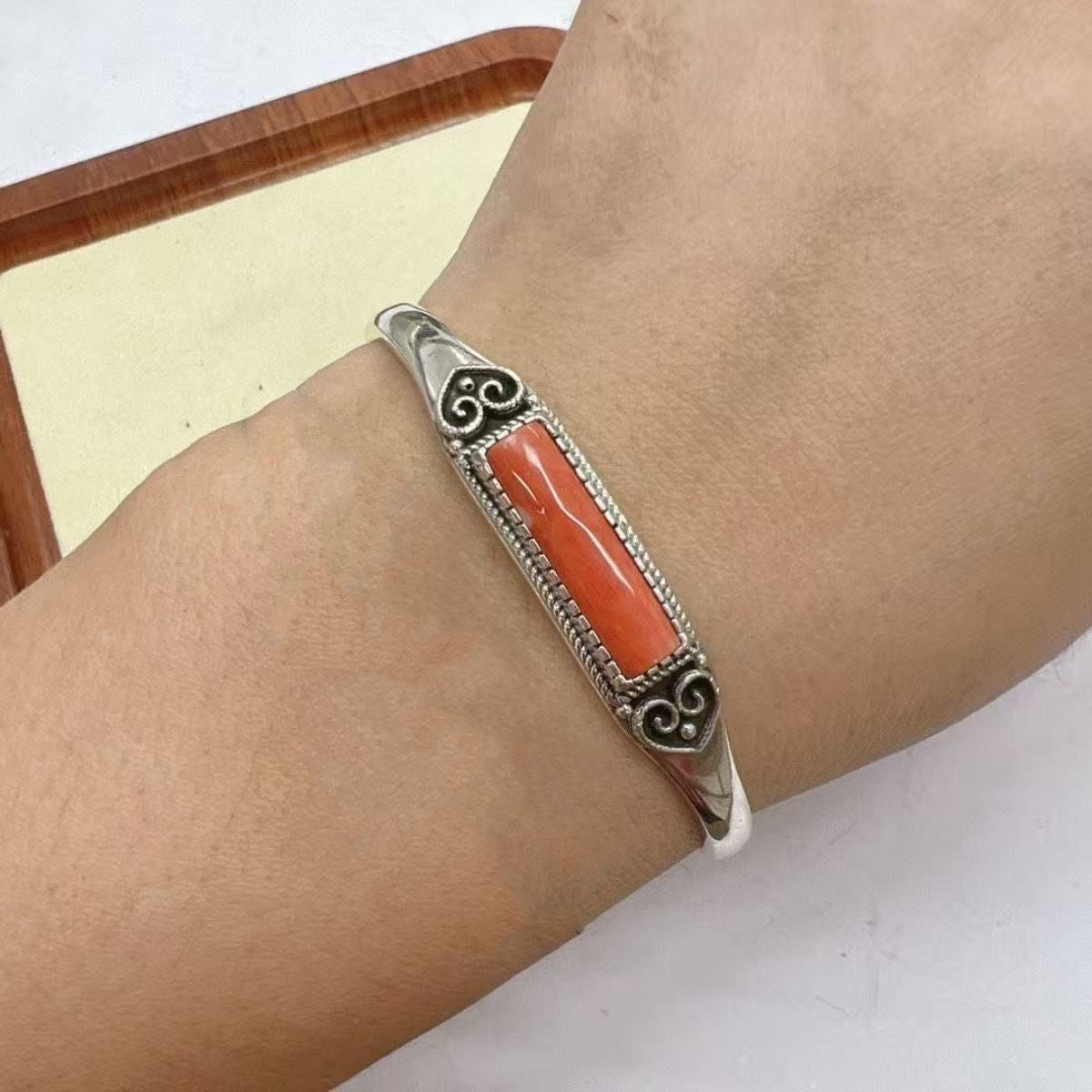 Mongolian Bracelet Adjustable Ethnic Silver Bangle Carved Red Inlay Jewelry