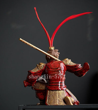 Chinese Pottery Fighting Monkey King Statue Sun Wukong Monk Zen Sculpture Decor