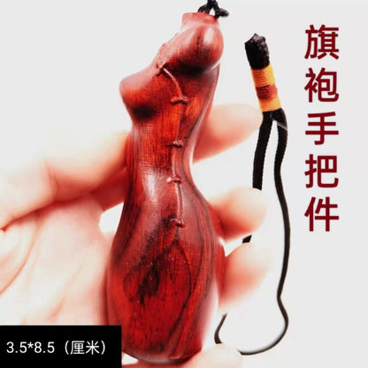 Red Sandalwood Qipao Handheld Carving 8.5cm Natural Wood Pendant