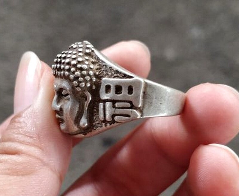 Tibetan Silver Sakyamuni Buddha Head Ring Buddhist Finger Jewelry Collection