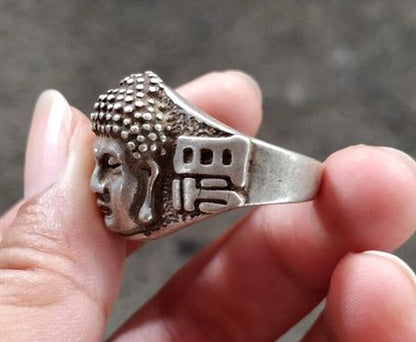 Tibetan Silver Sakyamuni Buddha Head Ring Buddhist Finger Jewelry Collection