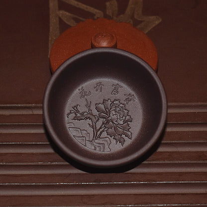 One Cup Peony Flower Carved Relief Tea Cup Marked Chinese Yixing Zisha Tea Cup
