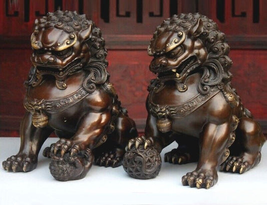 Pair Brass Lion Statue Chinese Classical Guardian Door Fu Foo Feng Shui Decor