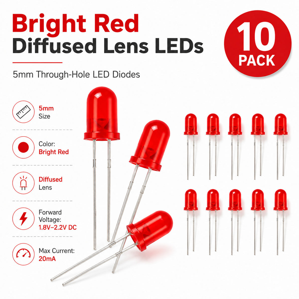 10 Pack Diffused Lens LEDs - Standard - Bright Red - 5mm