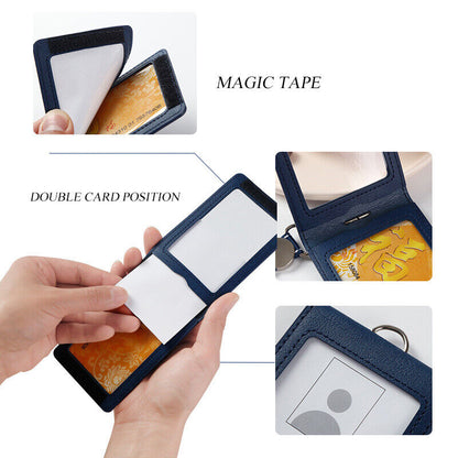 PU Leather Business Work Card ID Badge Lanyard Holder Neck Strap Cover Bags Ca