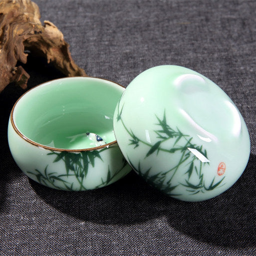 2.5oz * 2 Tea Cups Thicker Glaze Porcelain Cup Mountain-river Bamboo Print Cups