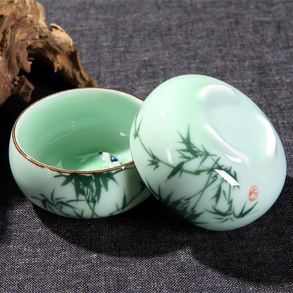 2.5oz * 2 Tea Cups Thicker Glaze Porcelain Cup Mountain-river Bamboo Print Cups
