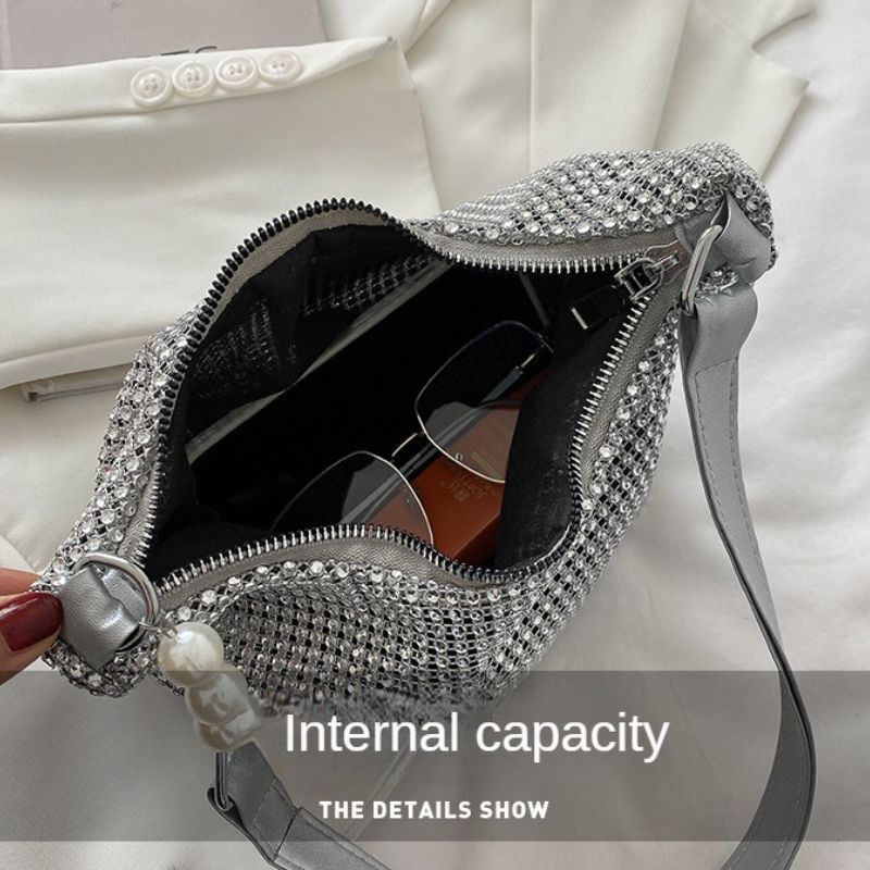 Fashion Rhinestone Square Bag Messenger Pearl Chain Shoulder Bags Purse Square