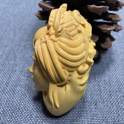 Natural Boxwood Carved Chinese Beauty Girl Statue Pendant