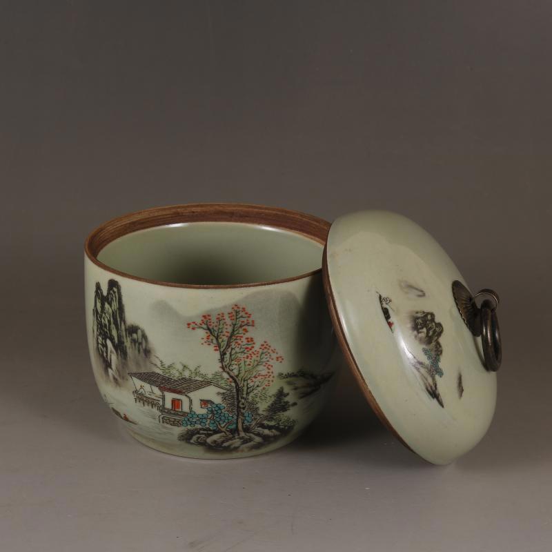 4.72 in Chinese Famille Rose Porcelain Jar Landscape Pattern Pot Tea Caddy New