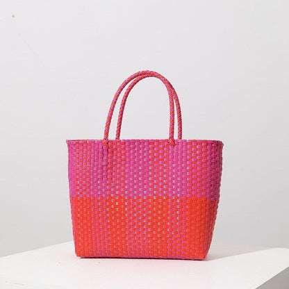 Plastic Hand-woven Bag Large Square Shopping Basket Bag Shoulder Purse Tote Bags