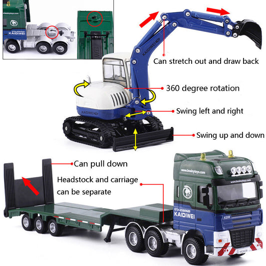 1:50 Flatbed Truck Toy with Excavator Loader Model Toy Car Diecast Toy Vehicle