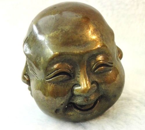 OLD SIGNED BRONZE Carved Buddhism Buddha Head Sculpture Statue 4 Faces