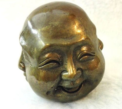 OLD SIGNED BRONZE Carved Buddhism Buddha Head Sculpture Statue 4 Faces