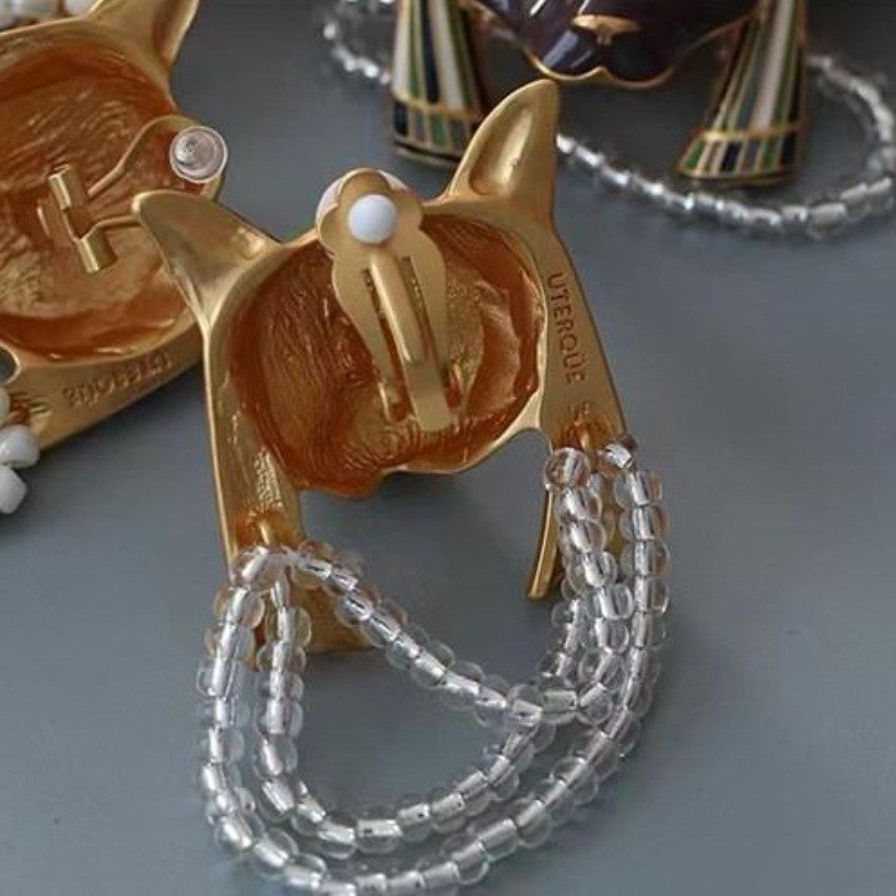 Vintage Egyptian Cat Earrings Enamel Pearl Retro Court Ear Clips