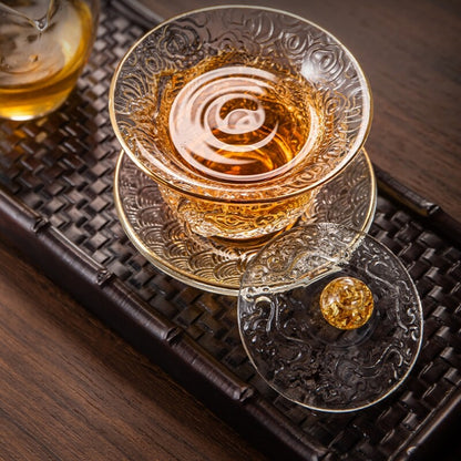 boutique gaiwan glass handmade dragon carved Chinese Sancai bowl lid saucer new