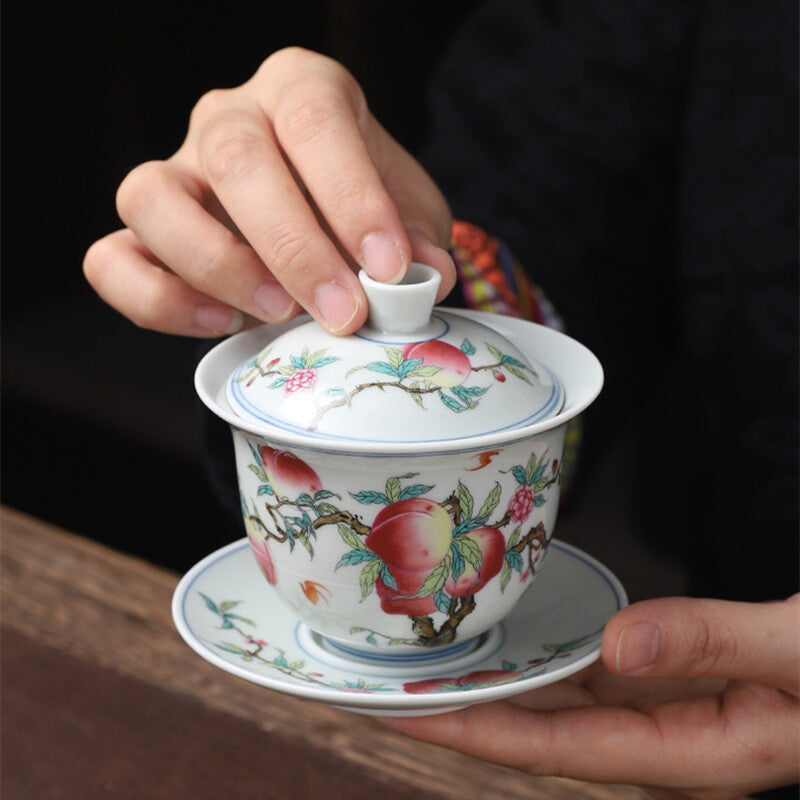 Porcelain Gaiwan Under Glaze Handpainted Tureen Ceramic Covered Bowl Saucer Lid