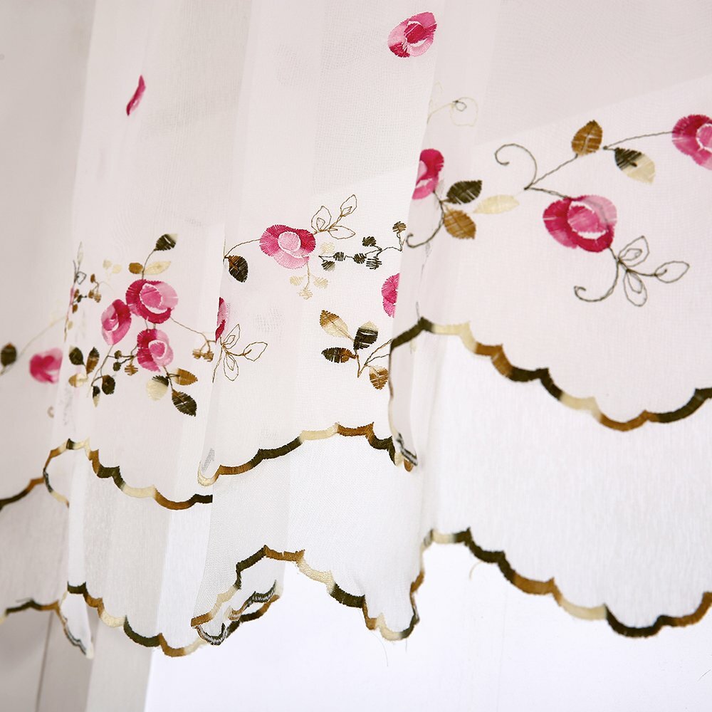 Floral Embroidered Sheer Kitchen Cafe Curtain Voile Tier Valance Short Panel