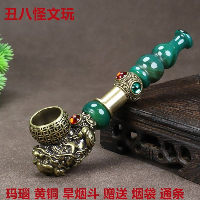 Vintage Brass Pixiu Dragon Pipe Agate Mouthpiece Handmade 14cm