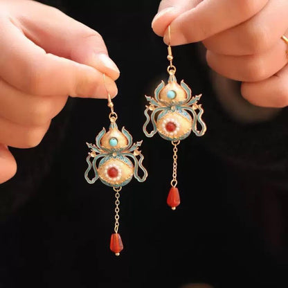 Vintage Chinese Gourd Earrings Red Agate Qipao Wedding Tassel Drops