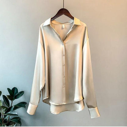 Color Ladies Baggy Solid Button-up Work Tops Blouse Women Long Sleeve Satin Silk