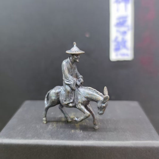 Chinese Bronze Copper Statue Hand Carved Donkey rider Figurine