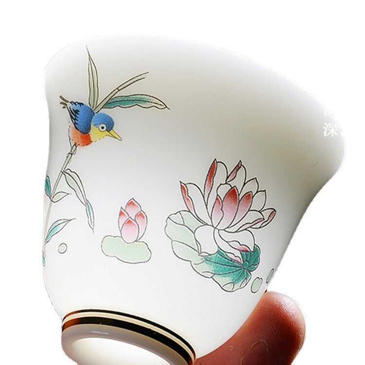 One Tea Cup Fat Mutton Jade Porcelain Cup Bird Flower Painted Chinese Master Cup