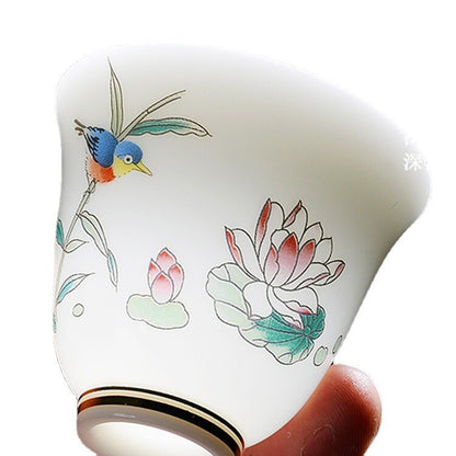 One Tea Cup Fat Mutton Jade Porcelain Cup Bird Flower Painted Chinese Master Cup