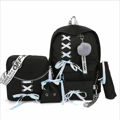 Students Backpack 5 pcs/set Ribbon Chain Girl Laptop School Bags Bookbag Oxford