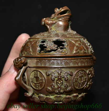 3.6" Marked Old Chinese Bronze Dynasty Frog Wealth incense burner Statue