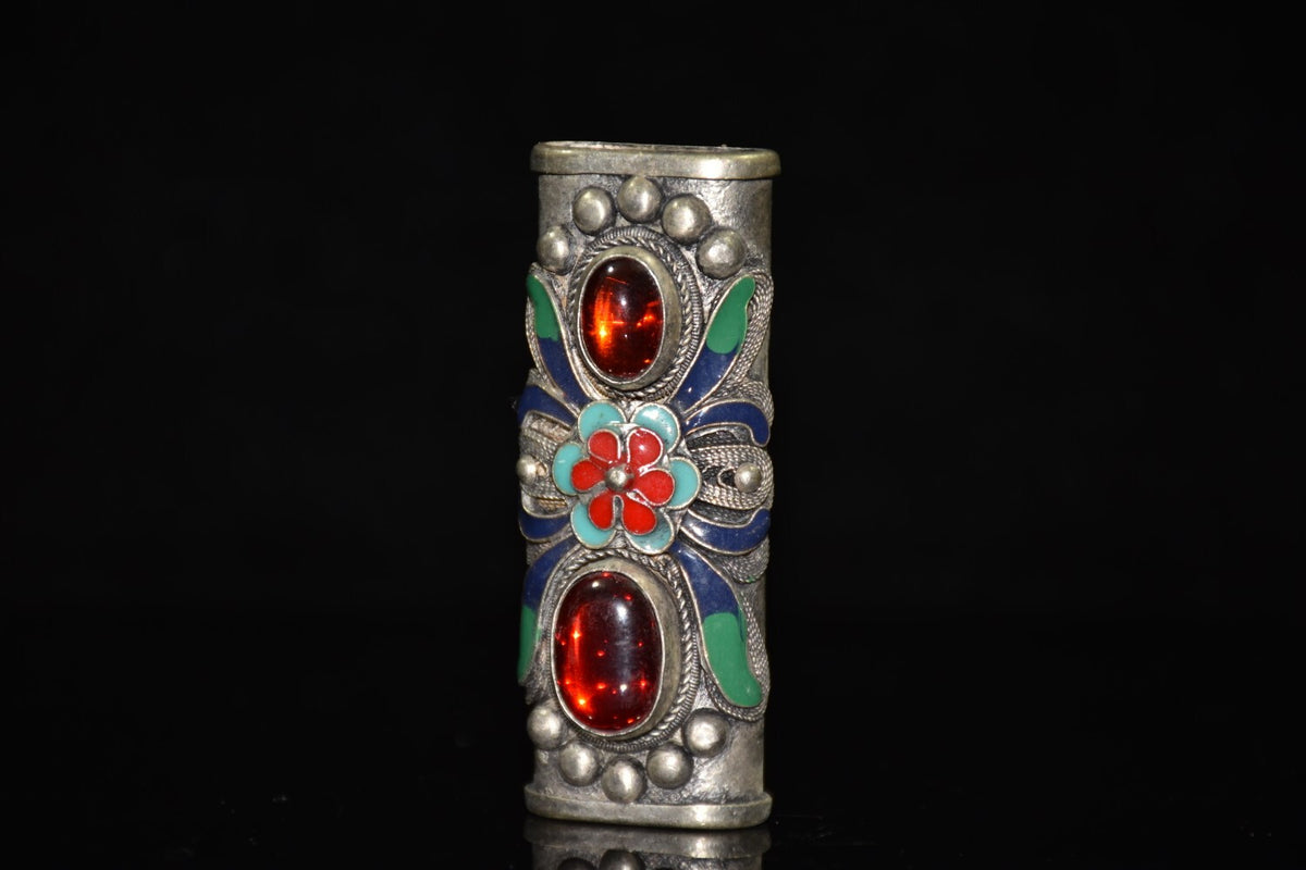 Ornament Vintage White Copper Cloisonne Inlaid Ruby Lighter Case
