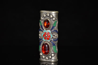 Ornament Vintage White Copper Cloisonne Inlaid Ruby Lighter Case