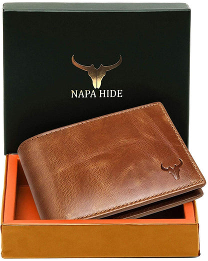 New RFID Protected Brown Leather Bi fold Wallet for Men
