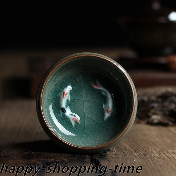 Rare Porcelain Tea Cup Crackle Glaze Ge Kiln Cup Handmade Color Double Fish