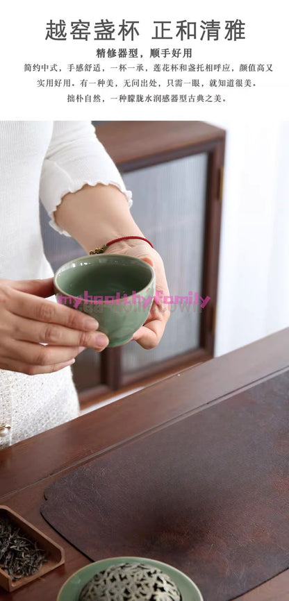 160ML Antique Porcelain Yue Kiln Tea Cup Carved Lotus Pattern Tea Cup