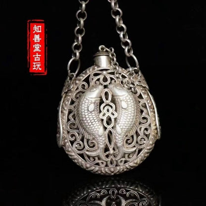 Vintage Chinese Silver Plated Copper Double Fish Openwork Incense Sachet Pendant