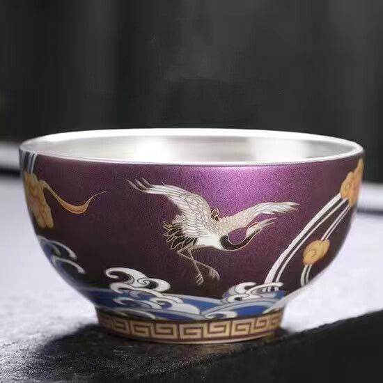 Ceramic Tea Cup Sterling Silver Master Cup Crane Print Chinese Kungfu Cup Of Tea
